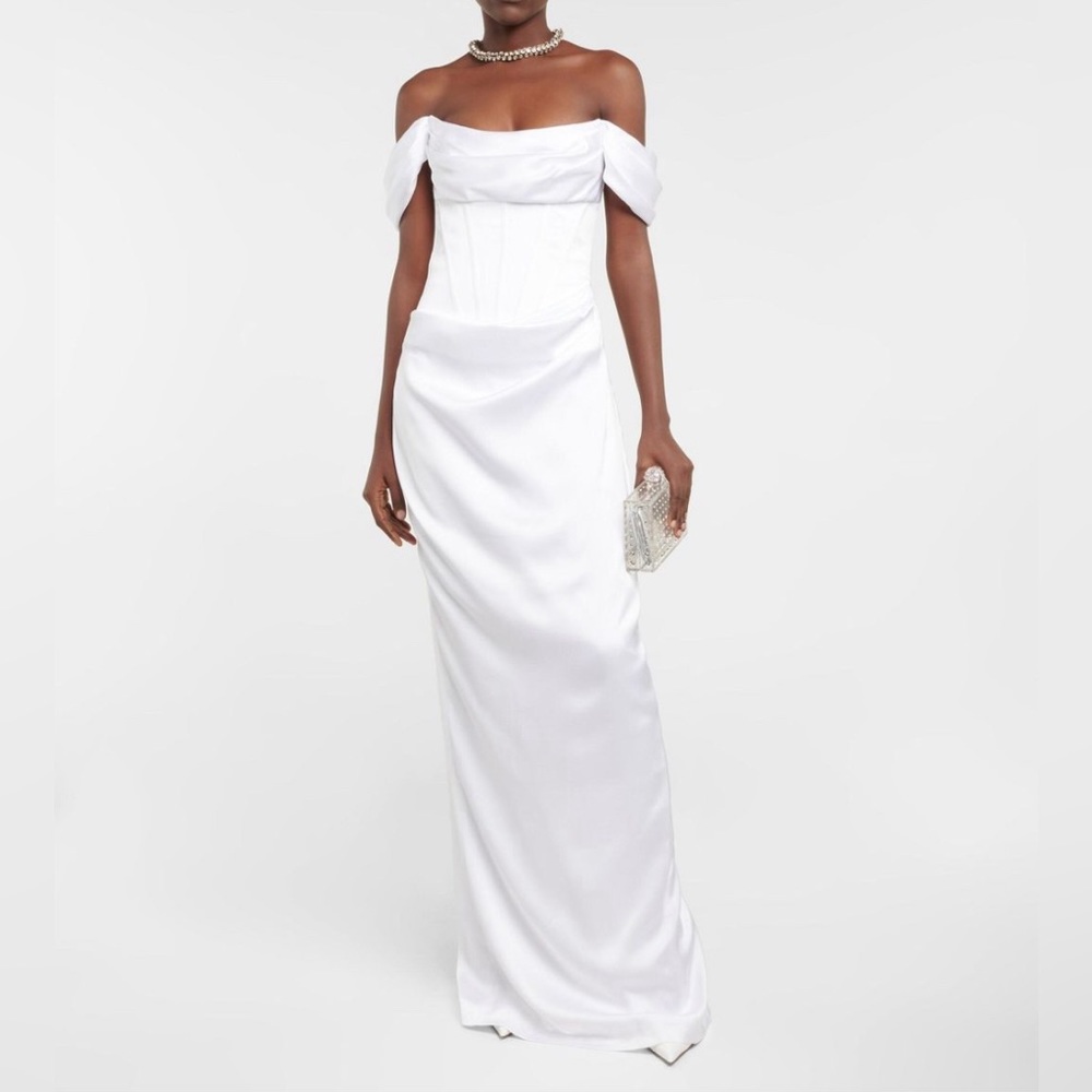 RASARIO
Off-shoulder ruched gown
White dress